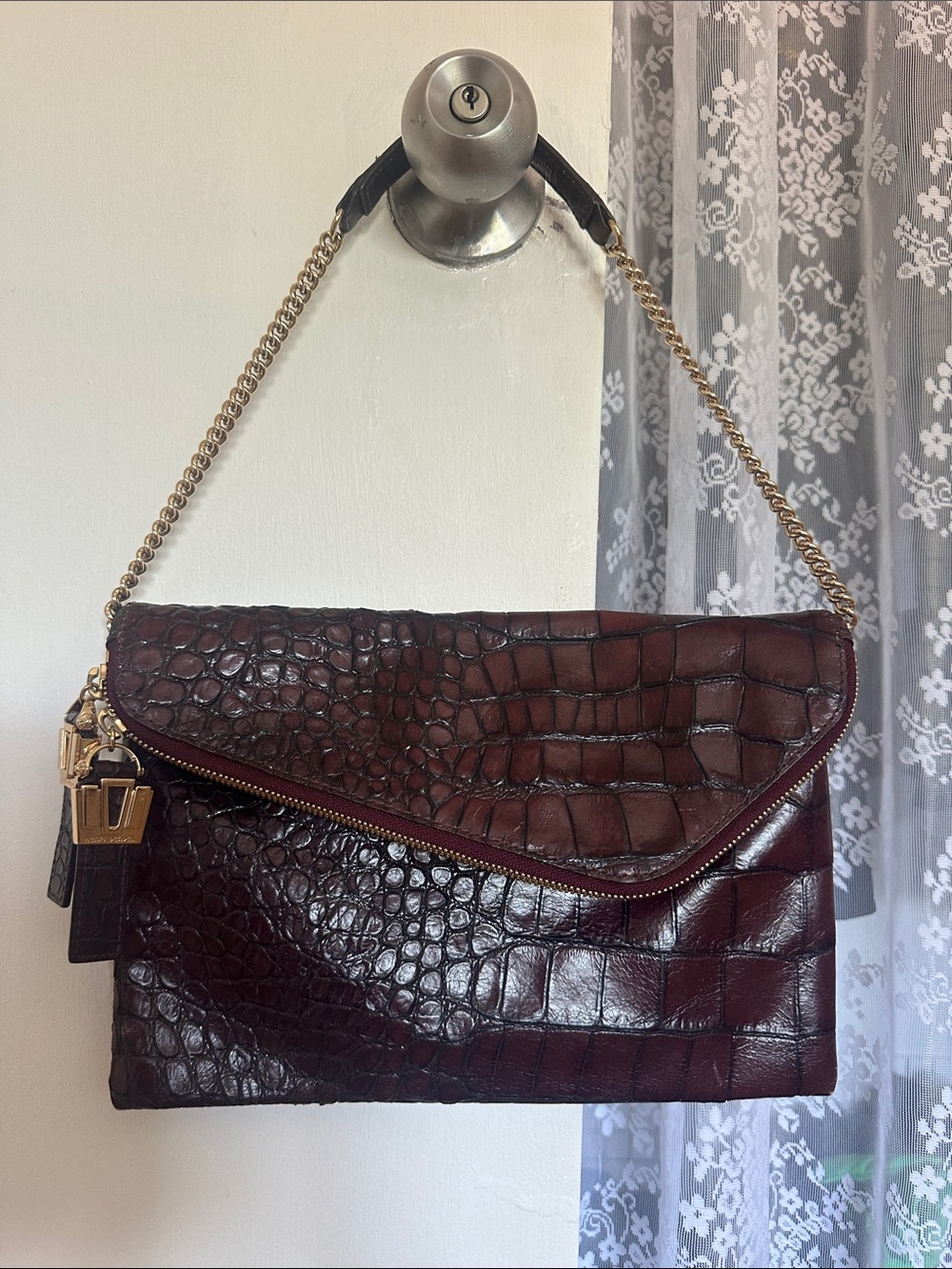 Womens Croc-Embossed Leather Shoulder Bag in Dark Burgundy